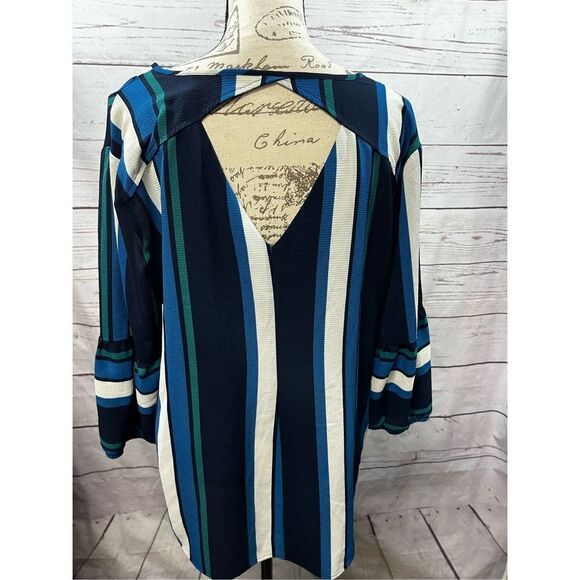 NY Collection Striped V Neck Bell Sleeve Cutout Back Tunic Top XL - Picture 2 of 5